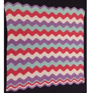 Handmade Crochet Chevron Baby Blanket Purple Teal Pink White Ripple Afghan 35x36